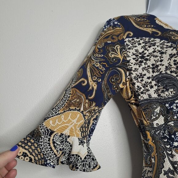 Mixed print faux wrap v neck flattering textured ruffle sleeve dress size 8 - Picture 4 of 8